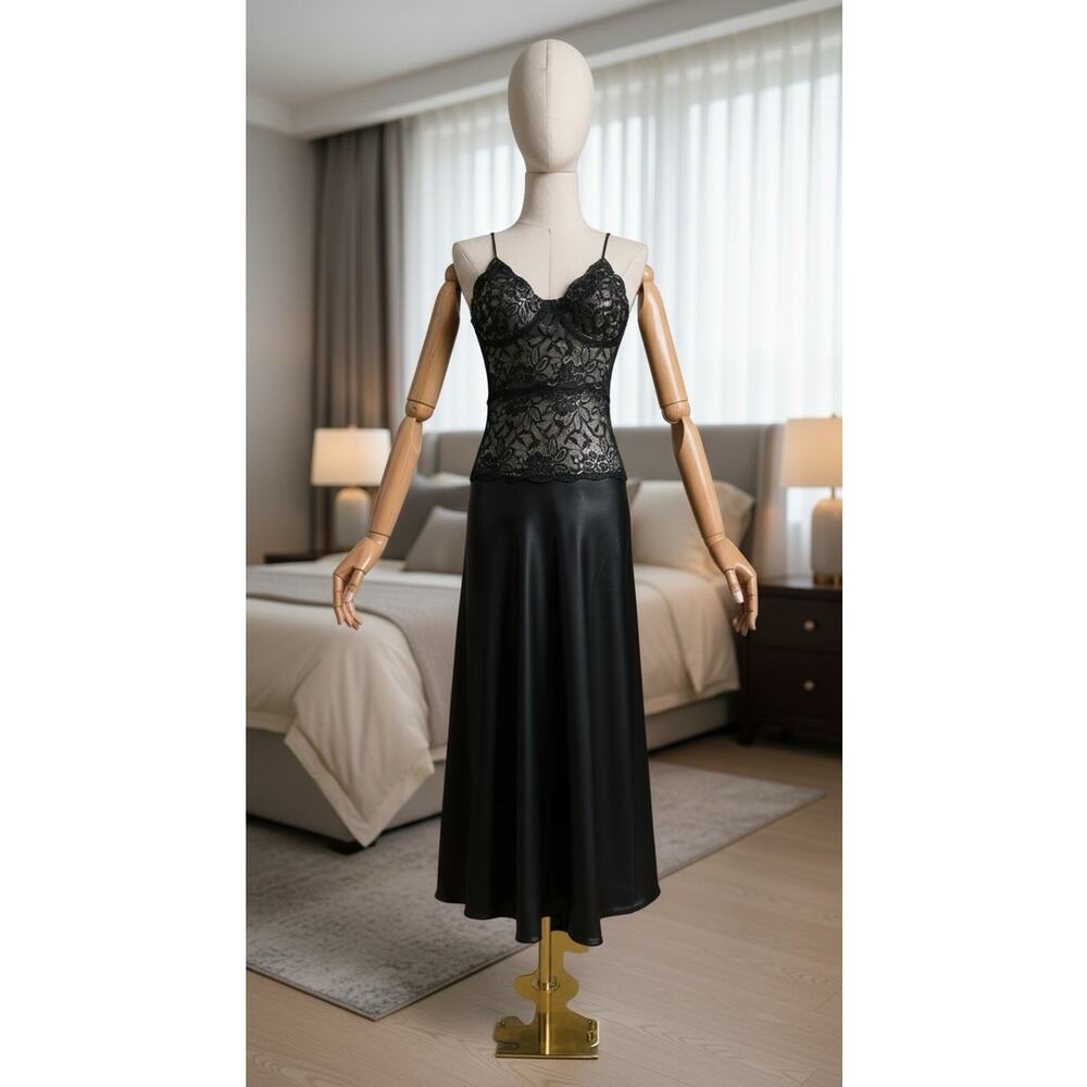 Vintage Shirley of Hollywood Black Satin Lace Night Gown Lace Up Back Sequins M